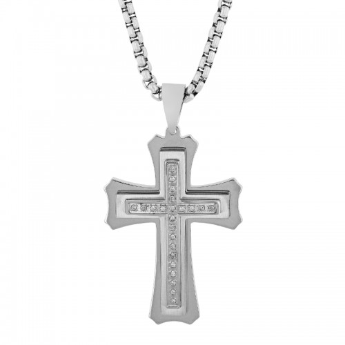 .16 CTW Stainless Steel Diamond White Finish Accent Stacked Cross Pendant