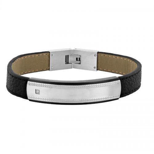 .02Ctw Stainless Steel & Leather Diamond Milgrain Id Bracelet