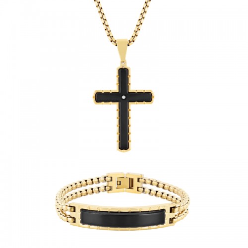 .02Ctw Stainless Steel Diamond With Black & Yellow Finish Cross & Bracelet 2Pc Set