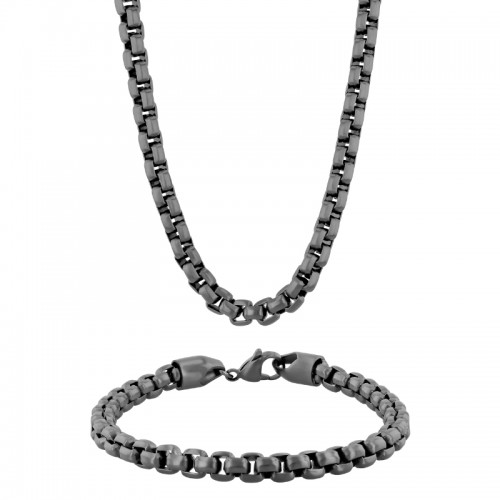 Stainless Steel Grey Matte Chain & Bracelet 2PC Set