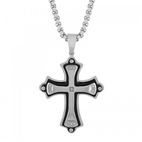 .07 CTW Stainless Steel Black and White Men's Diamond Cross Necklace