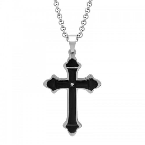 .02 CTW Stainless Steel Black Stacked Men's Diamond Cross Pendant