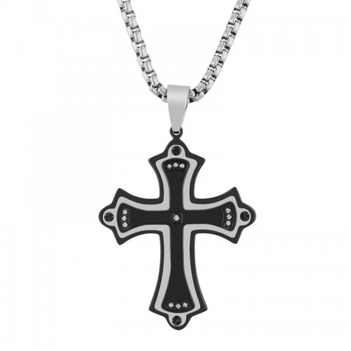 .07 CTW Stainless Steel Black and White Men's Diamond Cross Necklace
