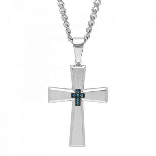 1/20 CTW Stainless Steel Men's Blue Diamond Cross Necklace
