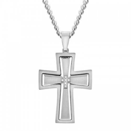 1/20 CT Stainless Steel Diamond White Finish Cross Pendant