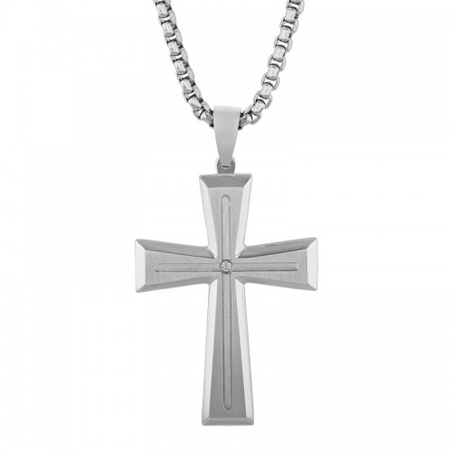 .03 CTW Stainless Steel Black and White Men's Diamond Cross Necklace