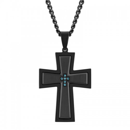 1/20 CTW Stainless Steel w/ Black Finish Blue Diamond Cross Pendant