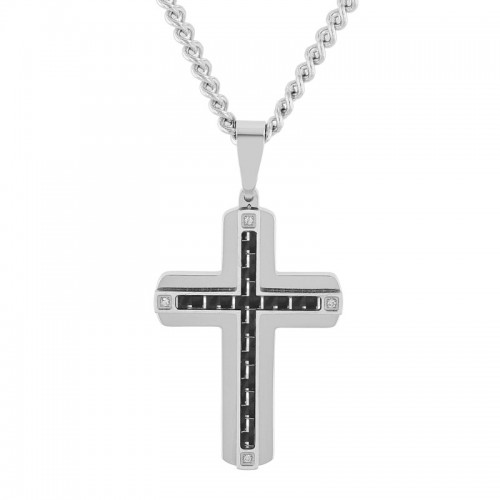 0.03 CTW Stainless Steel Diamond Carbon Fiber Cross Pendant