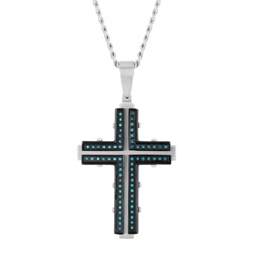 1/3 CTW Stainless Steel Blue Diamond Black Finish Cross Pendant