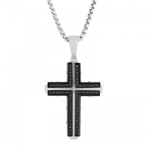 1/3 CTW Stainless Steel Black and White Men's Diamond Cross Necklace w/ Black Diamonds
