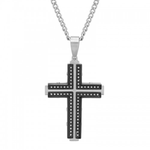 1/3 CTW Stainless Steel Diamond Black Finish Cross Pendant
