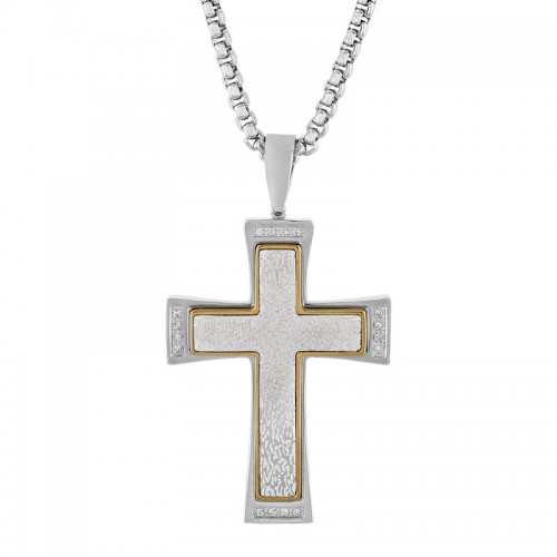 1/10 CTW Stainless Steel w/ Yellow Finish Diamond Cross Pendant