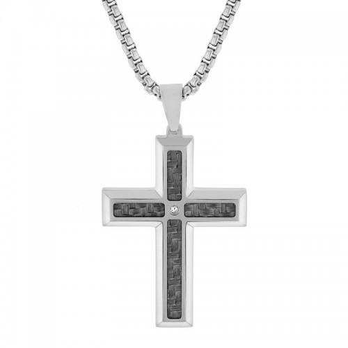 0.02 CTW Stainless Steel Diamond Carbon Fiber Cross Pendant