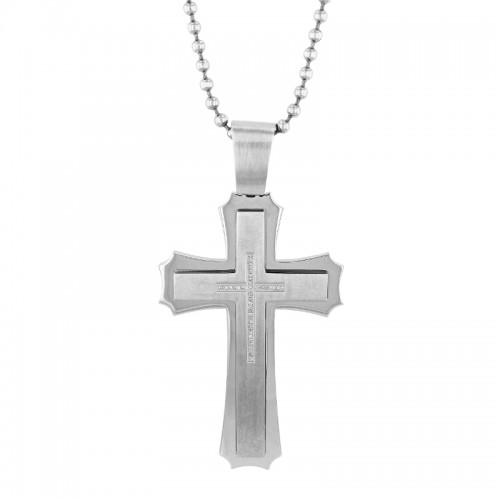 1/4Ctw Stainless Steel Diamond Satin & Polish Cross Pendant