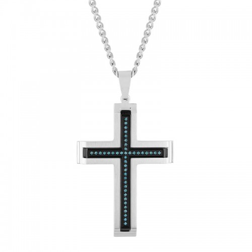 1/5 CTW Squared White and Black Stainless Steel Cross Pendant with Blue Diamonds