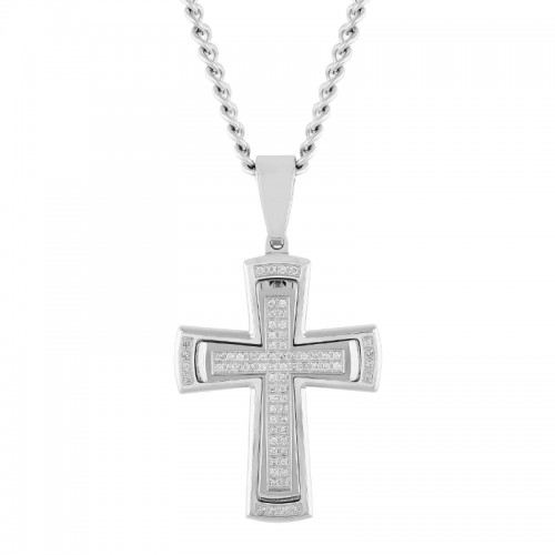 3/8 CTW Raised Celtic Stainless Steel Cross Pendant with White Diamonds