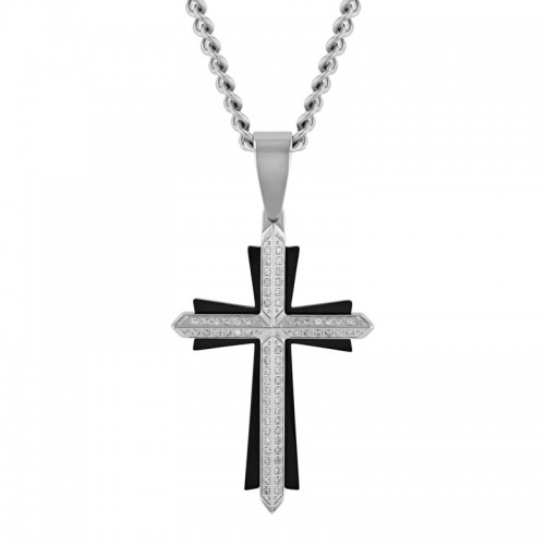 1/3 CTW Stainless Steel w/ Black Finish Diamond Cross Pendant