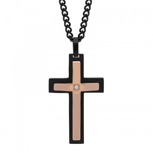 .03Ctw Stainless Steel Diamond With Black And Rose Tone Finish Stacked Cross Pendant