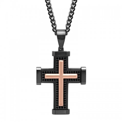 Stainless Steel Black & Rose Finish Black Cubic Zirconia Cross Pendant