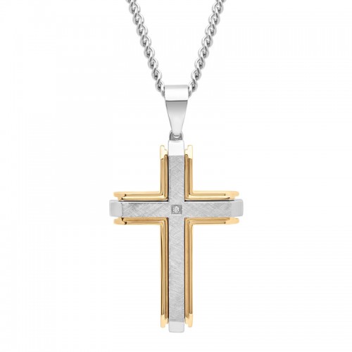 .02 CTW Stainless Steel W/ Yellow Finish Men's Diamond Cross Necklace
