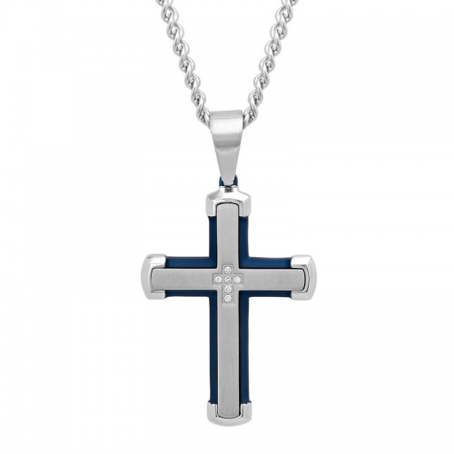 1/20 CTW Stainless Steel w/ Blue Finish Diamond Cross Pendant