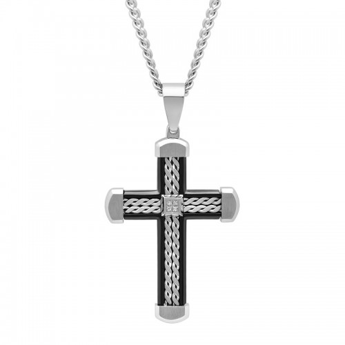 .03 CTW Stainless Steel w/ Black Finish Diamond Cross Pendant