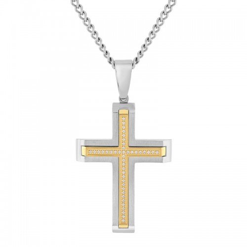 Stainless Steel w/ Yellow Finish Cubic Zirconia Cross Pendant