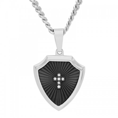 1/20 CTW Stainless Steel Black & White Diamond Shield Pendant