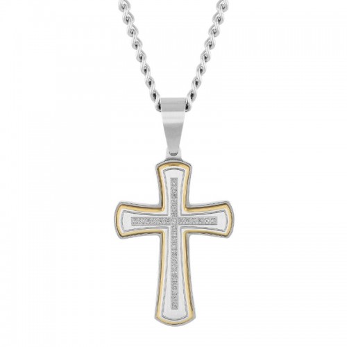 .15 CTW Celtic Yellow and White Stainless Steel Cross Pendant with White Diamonds