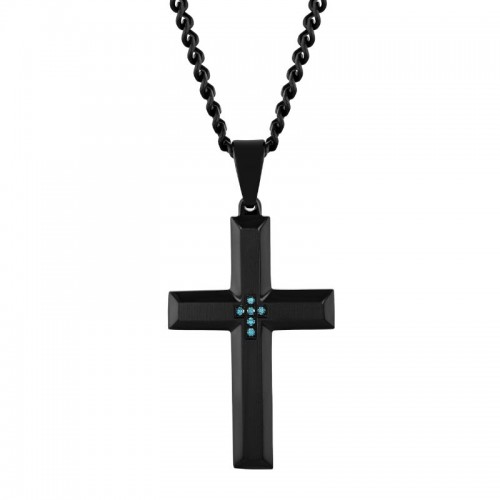 Beveled Black Stainless Steel Cross Pendant with Blue Diamonds