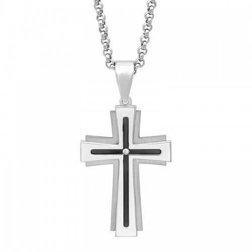 .03 CTW Stainless Steel Diamond Cross Pendant