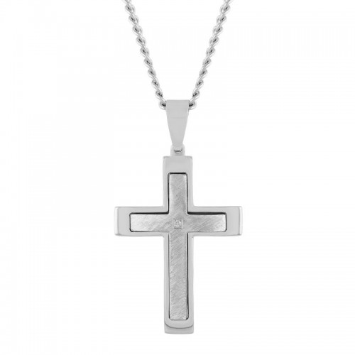 .15 CTW Frozen Finish Stainless Steel Cross Pendant with White Diamonds