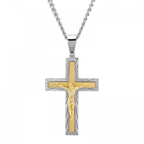 Stainless Steel w/ Yellow Finish Crucifix Pendant