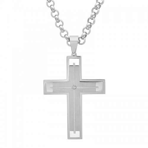 .04 CTW Stainless Steel Grooved Center Men's Diamond Cross Pendant