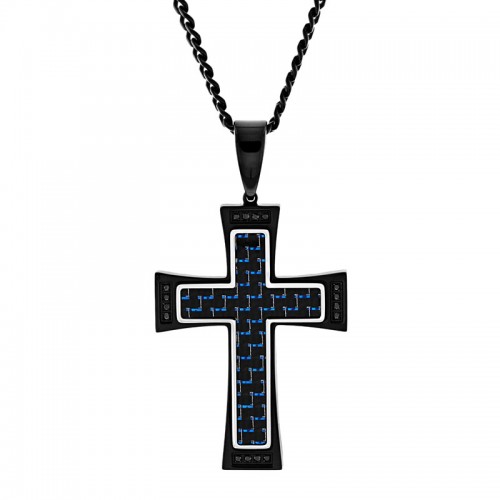 Stainless Steel Black Cubic Zirconia Black & Blue Carbon Fiber Cross Pendant