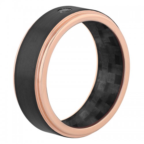 1/20 CT Black Diamond Stainless Steel Black & Rose Finish Carbon Fiber Inlay 8MM Band