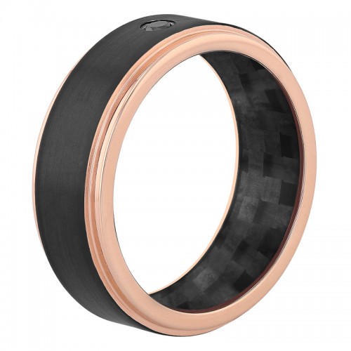 .05CT Black Diamond Stainless Steel Black & Rose IP Carbon Fiber Inlay 8MM Band