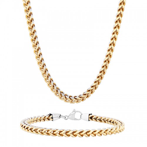 Yellow Finish Stainless Steel Franco Link Chain & Bracelet Set