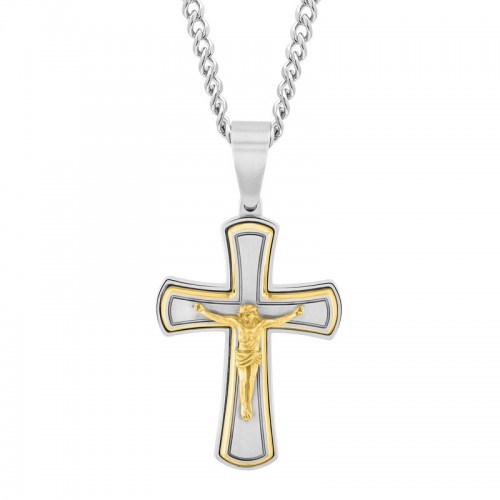 Stainless Steel w/ Yellow Finish Crucifix Pendant