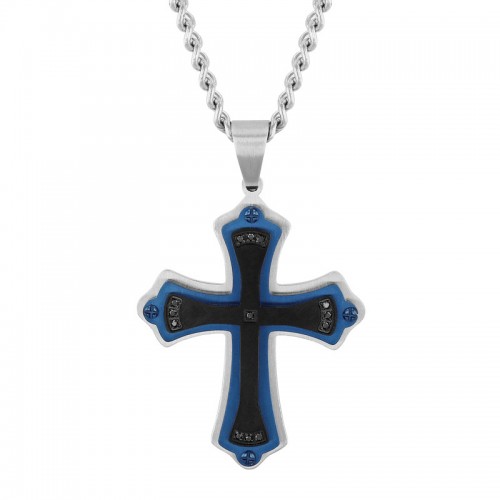 .07 CTW Stainless Steel Black and Blue Men's Diamond Cross Necklace