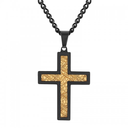 Stainless Steel Black & Yellow Finish Textured Inlay Cross Pendant