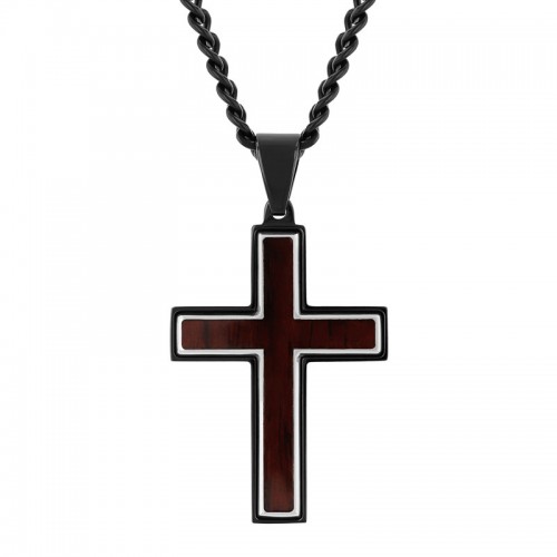 Stainless Steel w/  Black Finish Grain Inlay Cross Pendant