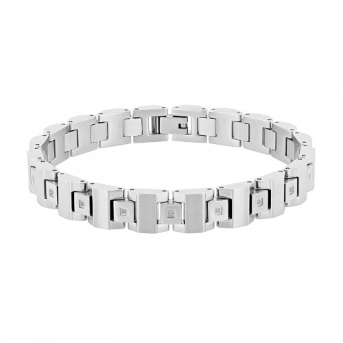 Stainless Steel Square Link Bracelet with White Diamonds