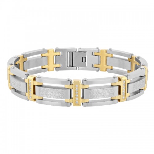 .49 CTW Stainless Steel Diamond With Yellow Finish Texture Link Bracelet