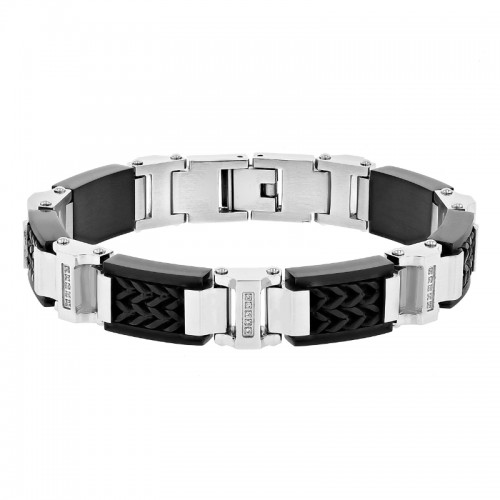 .15 CTW Stainless Steel Diamond With Black Finish Woven Inlay Link Bracelet