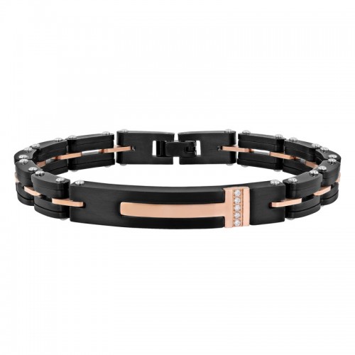 1/20 CTW Men's Stainless Steel ID Bracelet: Black w/ Rose Finish