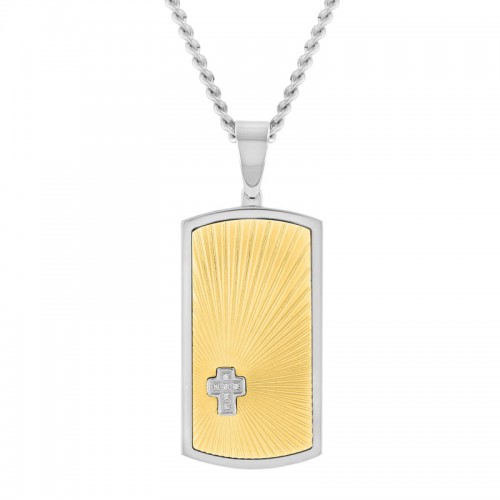 .03 CTW Stainless Steel w/ Yellow Finish Diamond Dog Tag Pendant