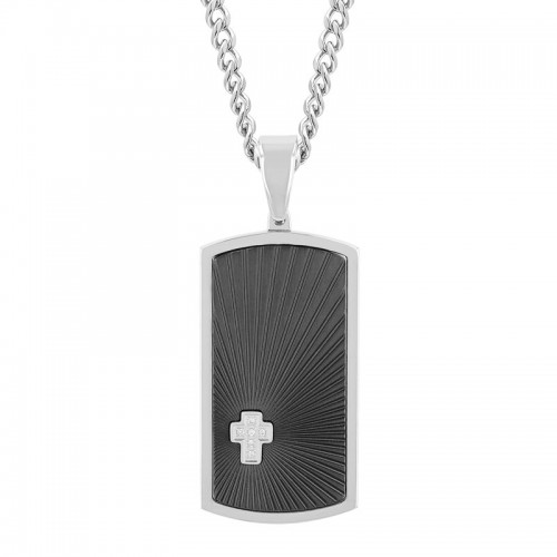 .03 CTW Stainless Steel Black & White Diamond Dog Tag Pendant