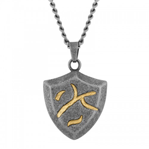 Stainless Steel w/ Yellow Finish Weathered Shield Pendant