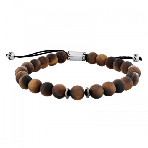 Stainless Steel Matte Brown Tiger Eye Bolo Bead Bracelet